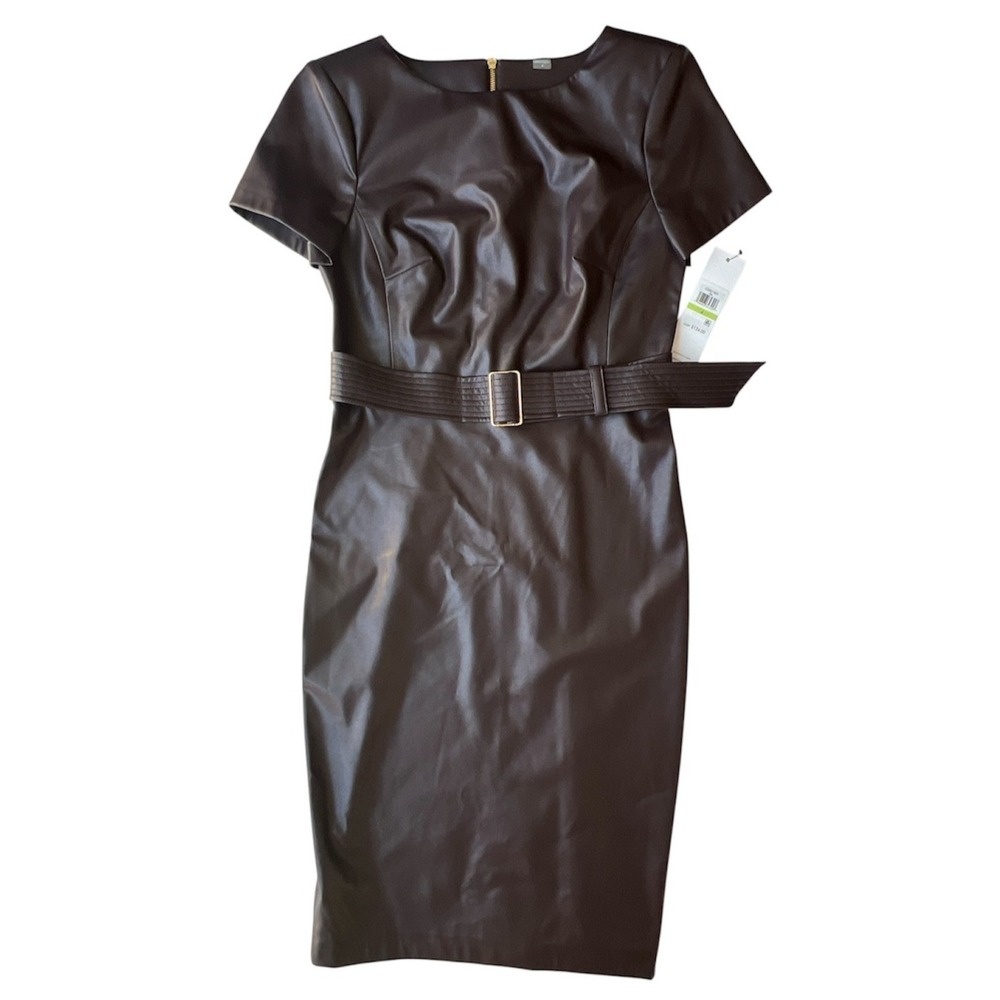 Calvin Klein‎ Dress Faux Leather Autumn Wedding Guest Sheath Brown 4 NWT $134